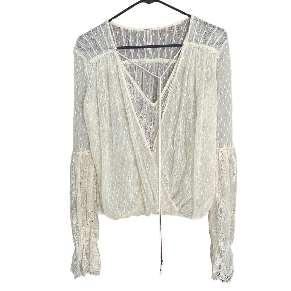 Free People Cream Boho Lace Cross Front Surplice Top